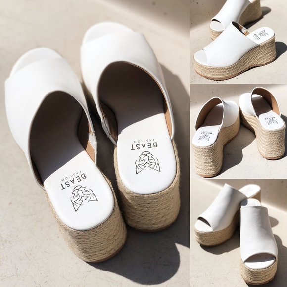 NEW White Smooth Faux Leather Espadrilles Chunky Platform Wedge Slides Sandals - Picture 11 of 13